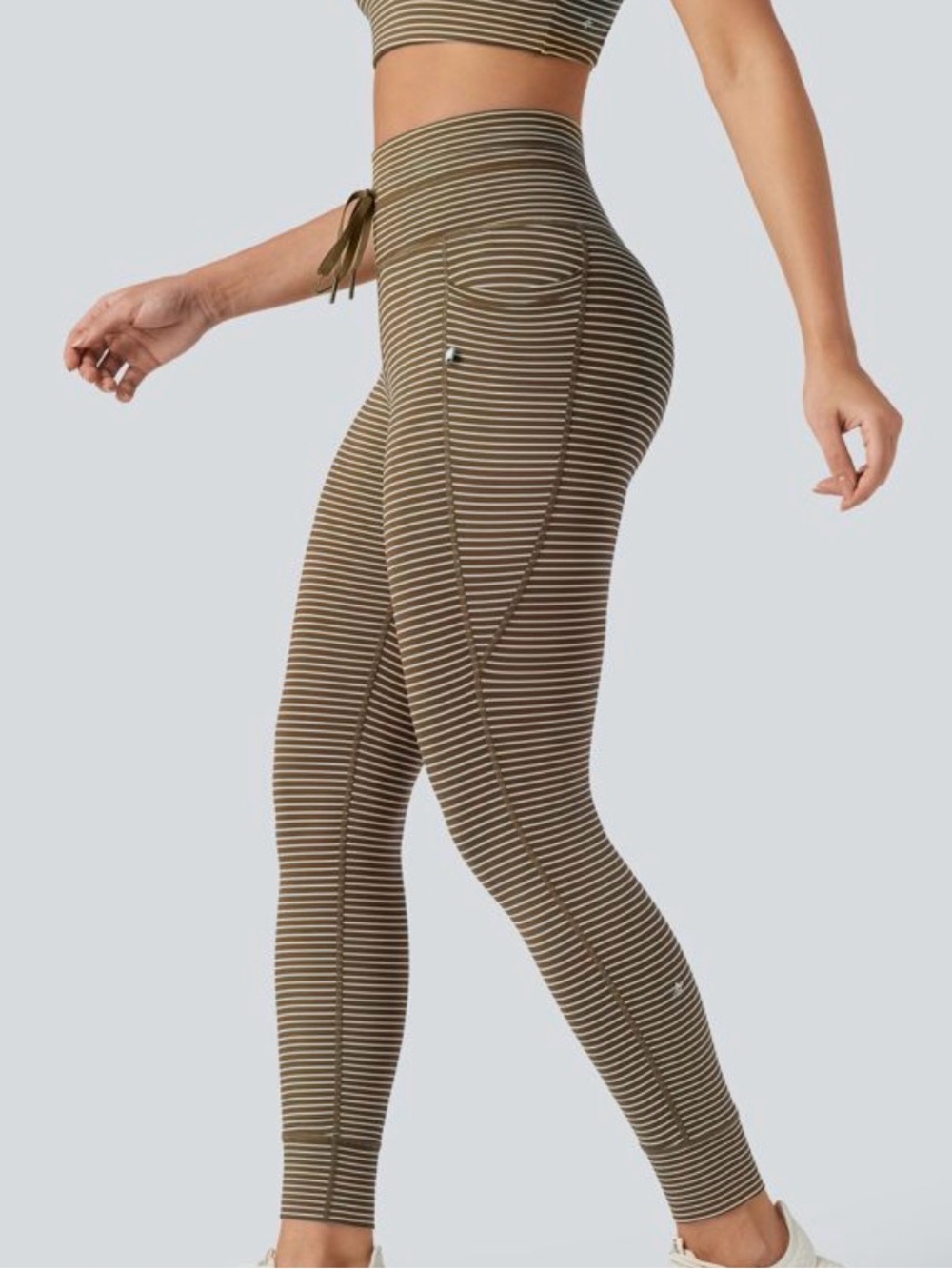 NWT Halara Cafe Mocha Stripe High Waist Drawstring Pocket Leggings S